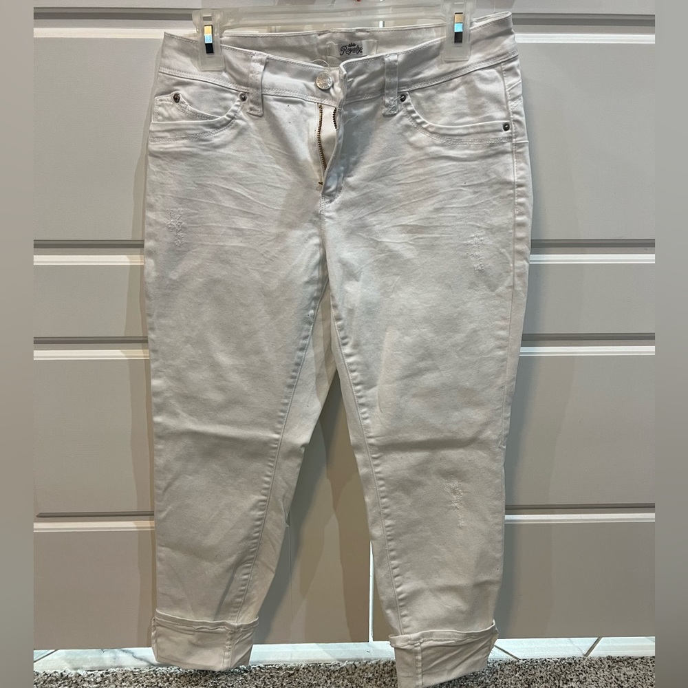 White, crop, light distress petite jeans